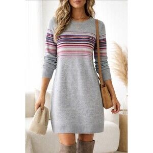 Gap Merino Wool Sweater Dress Petite Small Gray Striped Casual Chic Cozy Knit